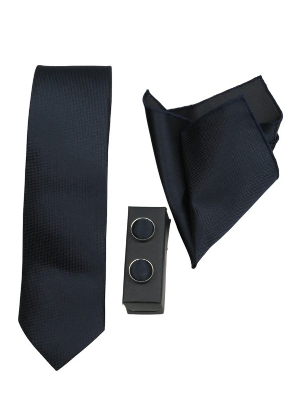 Privato K188 Σέτ Ανδρική Μεταξωτή Γραβάτα με Μαντήλι Και Μανικετόκουμπα Μπλέ Σκούρο 4