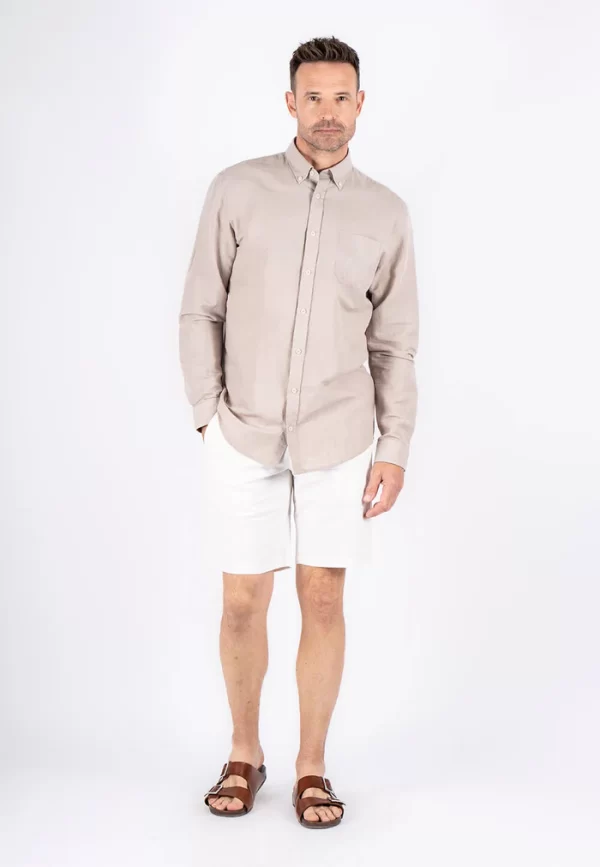 Pre End 32-100289 Frey Ls 6039 Ανδρικό Μακρυμάνικο Λινό Πουκάμισο Σε Κανονική Γραμμή Μπέζ 4