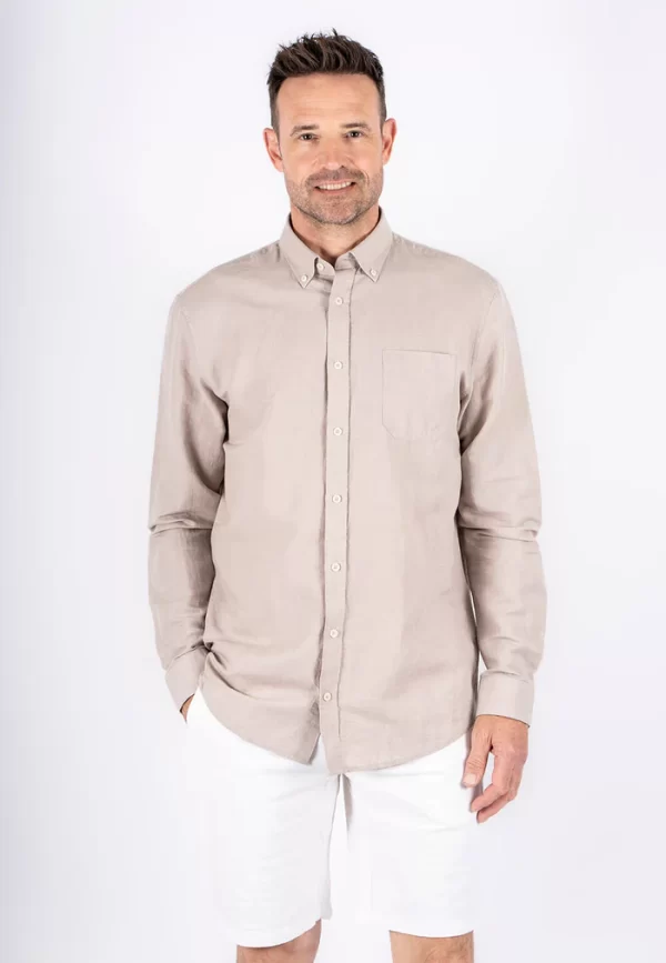 Pre End 32-100289 Frey Ls 6039 Ανδρικό Μακρυμάνικο Λινό Πουκάμισο Σε Κανονική Γραμμή Μπέζ 3