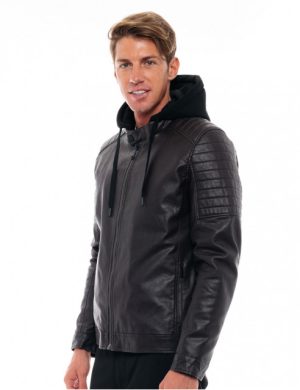 Biston  48-201-075 Ανδρικό Μπουφάν Δερματίνη Με Κουκούλα Που Αφαιρείται Καφέ