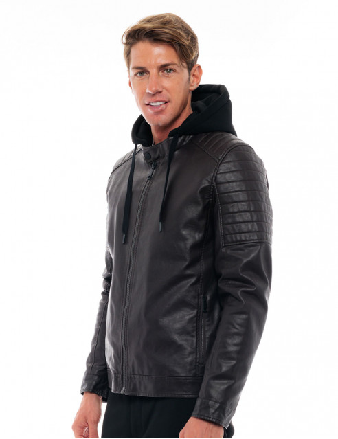 48-201-075#080#2-492x639 Biston 48-201-075 Ανδρικό Μπουφάν Δερματίνη Με Κουκούλα Που Αφαιρείται Καφέ 2