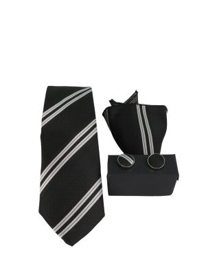 Privato 70-4 Ανδρικό Σέτ Γραβάτα Μαντήλι Μανικετόκουμπα Μετάξι Μαύρο